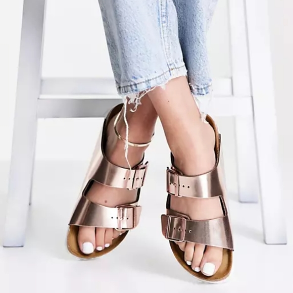 Rose Gold Metallic Copper Birkenstock Arizona Two Strap Sandals New Size 37 - Picture 5 of 11